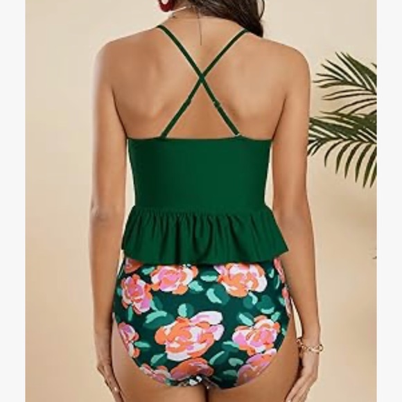 Tutorutor Women High Waisted Peplum Tankini Ruffle Floral Print  2 Piece Swimsui - Picture 2 of 3